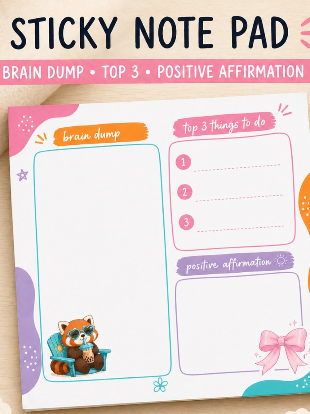 Custom Adhd 5x5 post it Sticky Note Pad - Pink, Teal & Purple Organizer,
